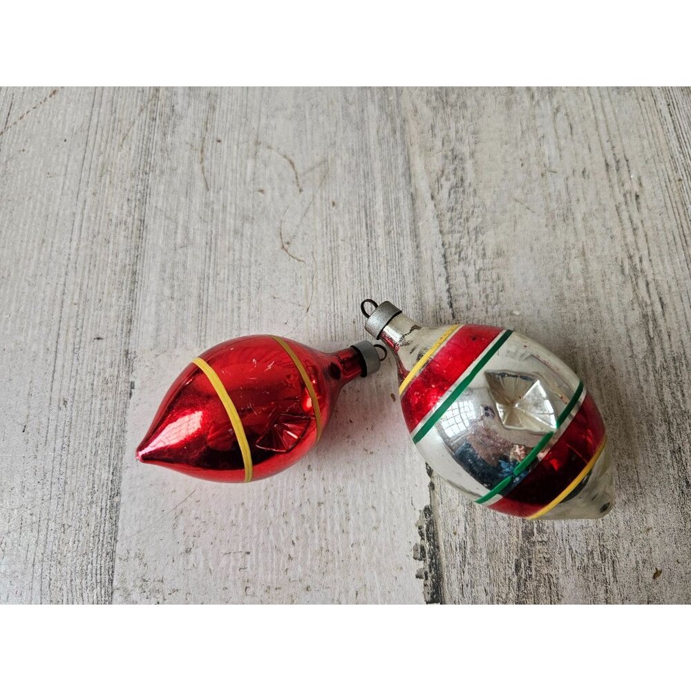 Antique diamond indent teardrop red striped green mercury glass ornament Xmas se